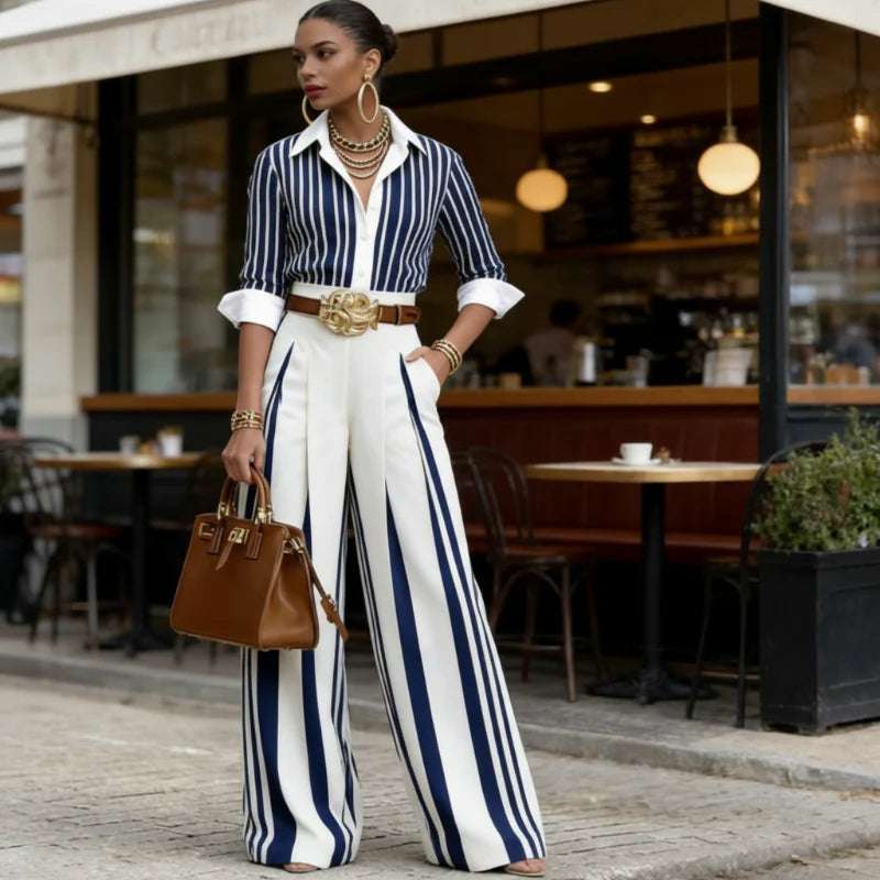 Conjunto de camiseta a rayas y pantalones anchos: cómodo y elegante para el día a día