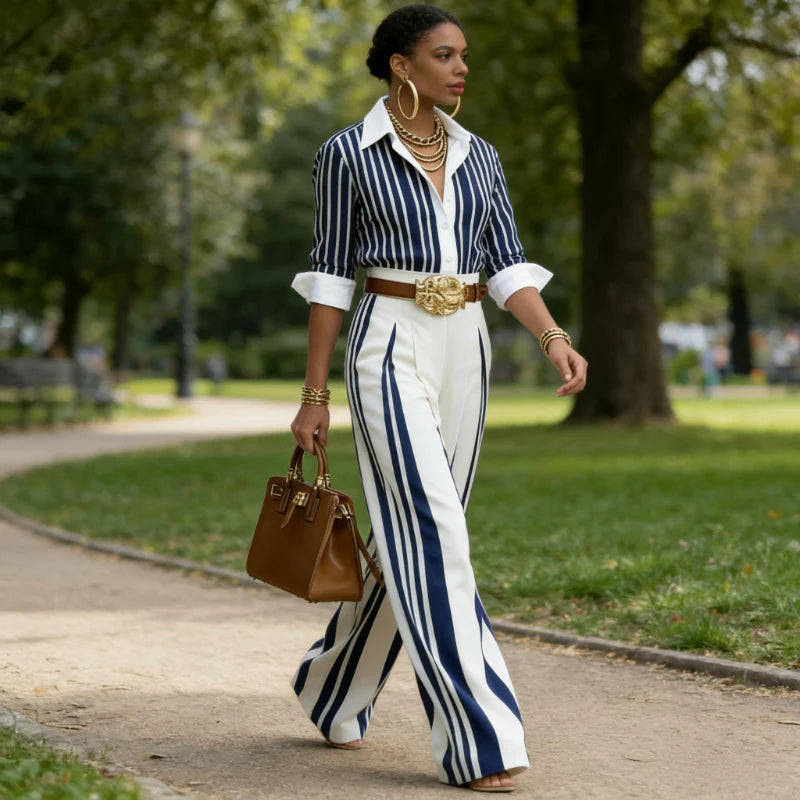 Conjunto de camiseta a rayas y pantalones anchos: cómodo y elegante para el día a día